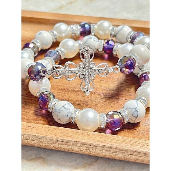 Crystal Cross Pearl Howlite Crystal Bracelet Set - Picture 3 of 12